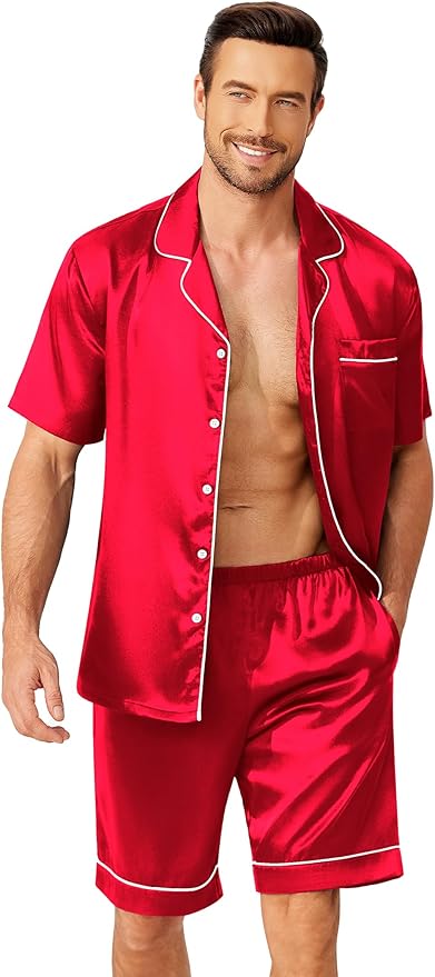 Ekouaer Mens Pajamas Set Silk Satin Sleepwear Short Sleeve Button Down Pjs Set 2 Piece Loungewear with Pockets S-XXL