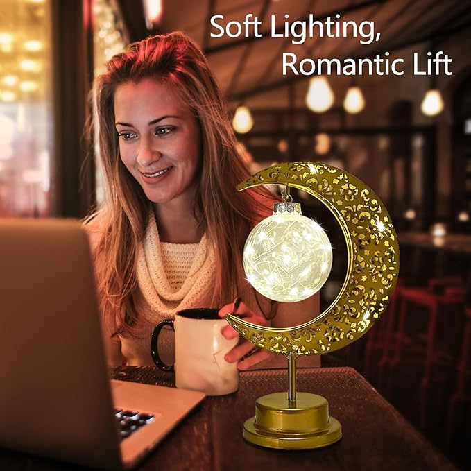Decorative Table Lamp, Crescent Moon Lamp Ramadan Table Decor, Battery Powered Christmas Ramadan Desk Lamp Decorations for Home, Patterned Hollow Out Warm Boho Light for Bedrooms Nightstand