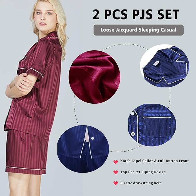 WJing Yi Jia Womens Silk Satin Pajamas Loungewear Two-Piece Sleepwear Button-Down Floral Pj Set XS-4XL