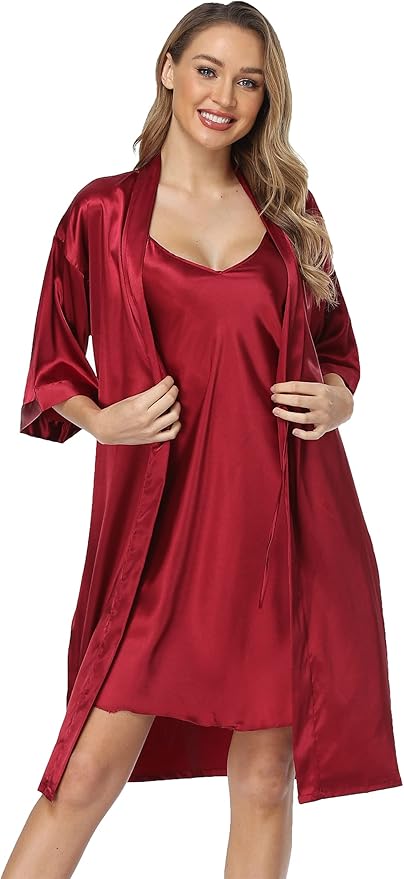 Women's Satin Robes Set with Nightgown Silk Kimono Pajamas 2 Piece Sleepwear Camisole Wedding Bride Gown Set