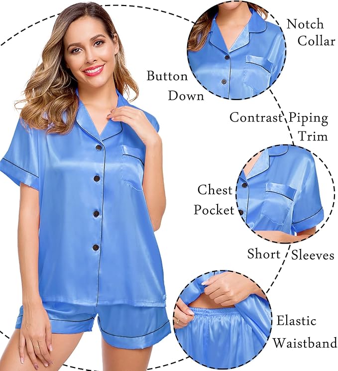 LecGee Womens Silk Satin Pajamas Short Sleeve Loungewear Two-Piece Sleepwear Button-Down Pj Set