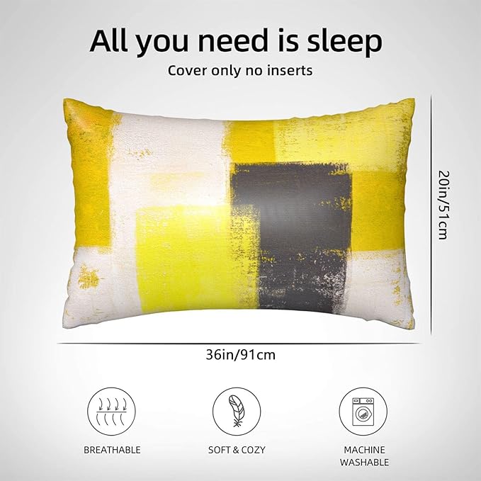 Imitation Silk Pillow Case for Hair and Skin Yellow and Grey Abstract Art King Size 1 Pack Satin Pillow Cases with Zipper Super Soft Pillow Cover for Women Bed Sleeping, 20x36 Inches