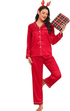 SWOMOG Womens Silk Satin Pajamas Set Long Sleeve Button Down Sleepwear 2 Piece Lounge Set Pj Set XS-3XL