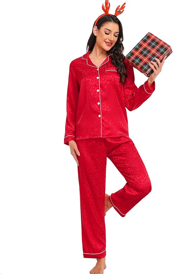 SWOMOG Womens Silk Satin Pajamas Set Long Sleeve Button Down Sleepwear 2 Piece Lounge Set Pj Set XS-3XL