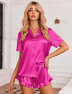 Ekouaer Womens Satin Pajamas Set Button Down 2 Piece Silk Pjs Shorts Set Ruffle Lingerie Notch Collar Sleepwear