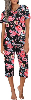 Ekouaer Women's Sleepwear Capri Pajama Sets Short Sleeve Two-Piece Pjs V Neck Tops & Capri Pants with Pockets S-3XL