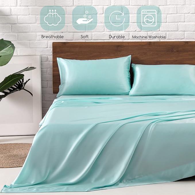 MR&HM Satin Bed Sheets, Twin XL Size Sheets Set, 3 Pcs Silky Bedding Set with 15 Inches Deep Pocket for Mattress (Twin XL, Turquoise)