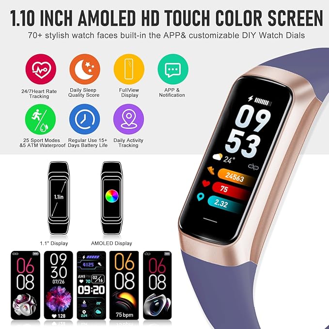Fitness Tracker, Activity Trackers with 24/7 Heart Rate, Blood Oxygen Blood Pressure Sleep Monitor, Step Counter with 1.1" AMOLED Touch Color Screen, Calorie Pedometer Health Smart Watch for Women Men