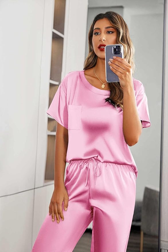 Ekouaer Womens Satin Silky Pajama Set Short Sleeve Shirt with Long Pajama Pant Set Soft PJ Loungewear