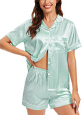 SWOMOG Womens Silk Satin Pajamas Set Short Sleeve Sleepwear Button Down Top and Shorts Loungewear 2 Piece Pjs Set XS-3XL