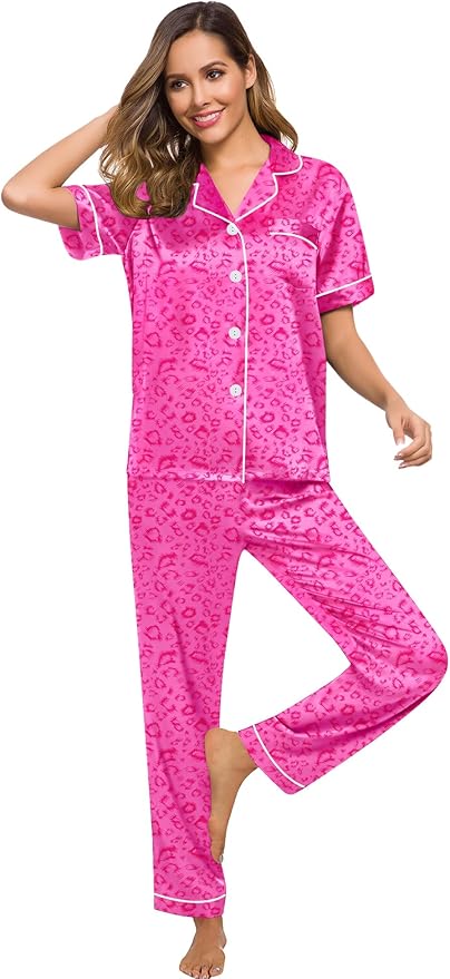 SWOMOG Women Satin Pajamas Set Short Sleeve Top & Pants Sleepwear Silky Button Down Nightwear 2pcs Loungewear Pjs Set