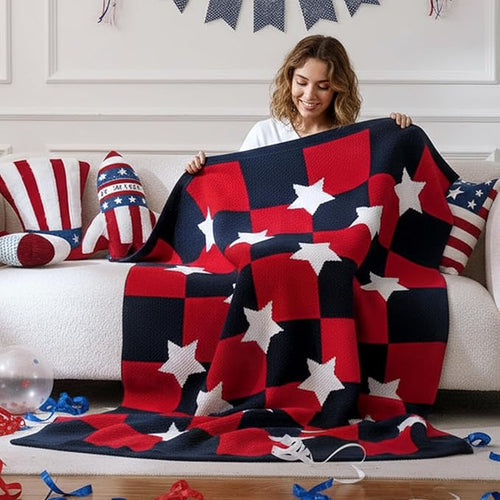 Amélie Home Patriotic Ultra Soft Knit Chenille Throw Blanket - Red White Blue Stars American Flag Pattern Cozy Blankets for Couch, 4th of July Memorial Independence Day Gifts, 50"x60", Red&Blue