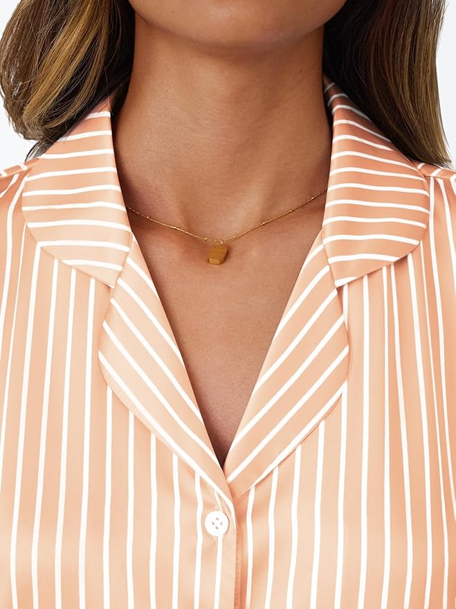 LILLUSORY Womens Satin Silk Pajamas Set 2 Piece Ruffle Pjs Winter Matching Lounge Sleepwear Button Down Striped Shirt Shorts