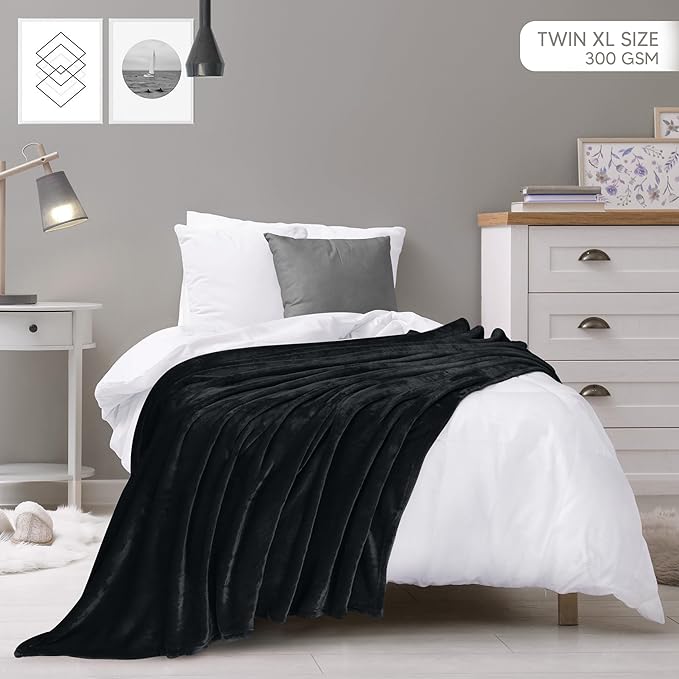 Utopia Bedding Fleece Blanket Twin XL Size Black 300GSM Luxury Anti-Static Fuzzy Soft Microfiber Dorm Bed Blanket (90x76 Inch)