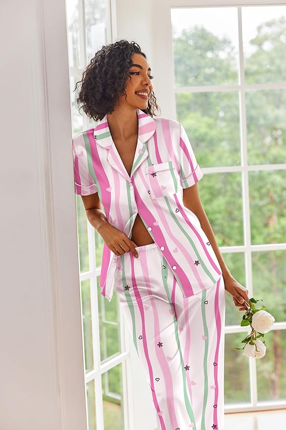 Ekouaer Silk Satin Pajamas Set Women Short Sleeve Sleepwear Soft Button Down Loungewear Pjs Set