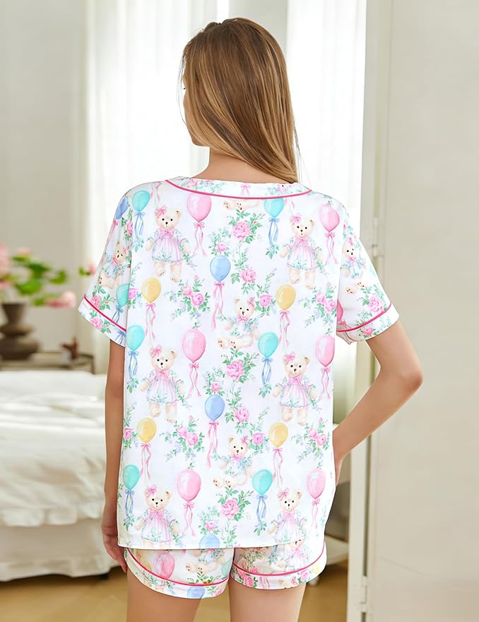 ASTANFY Valentines Day Pajamas Women 2 Piece Silk Valentine Pjs Cute Heart Pajamas V Neck Satin Sleepwear Loungewear Set