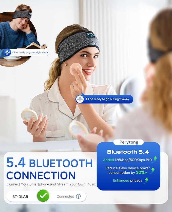 Perytong Sleep Headphones Bluetooth 5.4 Headband, Sports Wireless Earphones Sweat Resistant Earbuds Sleeping Headphone with Ultra-Thin HD Stereo Speaker for Workout Running Cool Gadgets Unique Gifts