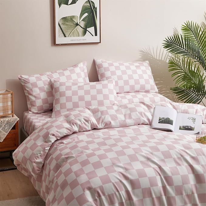 CLOTHKNOW Pink White Plaid Comforter Set Queen Grid Bedding Comforter Sets Soft Checkered Queen Comforter with 2 x Pillow Cases