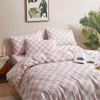 CLOTHKNOW Pink White Plaid Twin Comforter Set 3Pcs Grid Bedding Comforter Sets Soft Checker Comforters with 2 x Pillow Cases