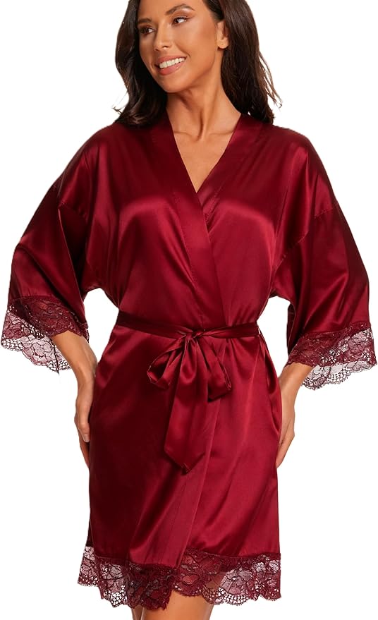 Kihnop Women's Satin Robe Silk Robe Lace Bridal Robes for Bride Bridesmaid Robes Silky Bathrobe Getting Ready Sleepwear
