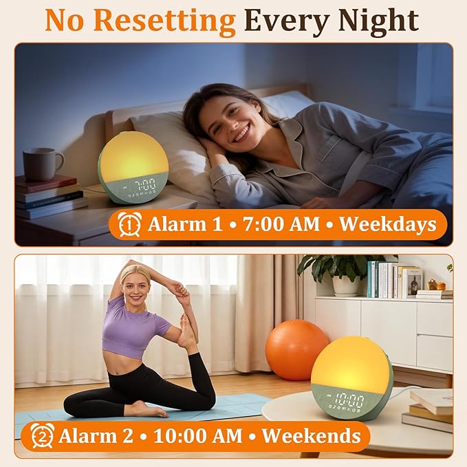 Wkzay Wake Up Sunrise Alarm Clock: 10-60 Minutes Simulate Sunrise for Gentle Wake Up - 20 Adjustable Brightness Bright Enough for Heavy Sleepers - Dual Alarms with Sound Machine