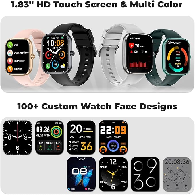 Smart Watch for Men Women, 1.83" HD Touchscreen Fitness Watch with Bluetooth Call&Message Notifications, 110+Sport Modes, 24/7 Heart Rate/Sleep Monitor, IP68 Waterproof Fitness Tracker for Android iOS