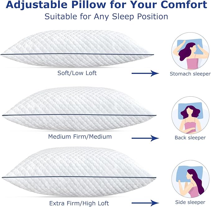 Shredded Memory Foam Pillows Queen Size Set of 2, Queen Pillows for Sleeping 2 Pack, Adjustable Firm Pillow for Side Back Stomach Sleepers, Washable Bed Pillow