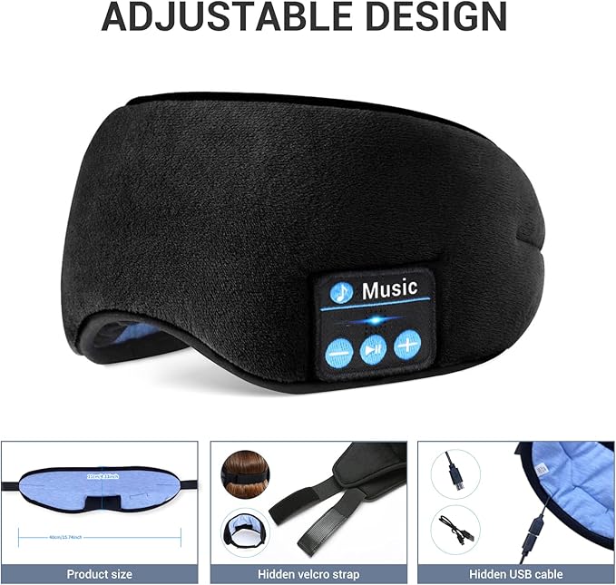 Sleep Headphones - Sleep Mask with Bluetooth Headphones (Black), Washable Bluetooth Sleep Mask, Built-in Speaker and Microphone, Side Sleeping, Meditation & Travel