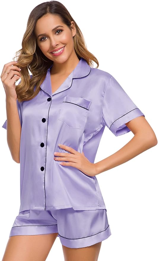 SWOMOG Womens Silk Satin Pajamas Set Short Sleeve Sleepwear Button Down Top and Shorts Loungewear 2 Piece Pjs Set XS-3XL
