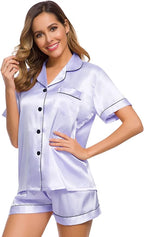 SWOMOG Womens Silk Satin Pajamas Set Short Sleeve Sleepwear Button Down Top and Shorts Loungewear 2 Piece Pjs Set XS-3XL