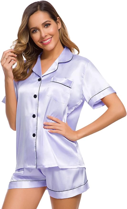 SWOMOG Womens Silk Satin Pajamas Set Short Sleeve Sleepwear Button Down Top and Shorts Loungewear 2 Piece Pjs Set XS-3XL