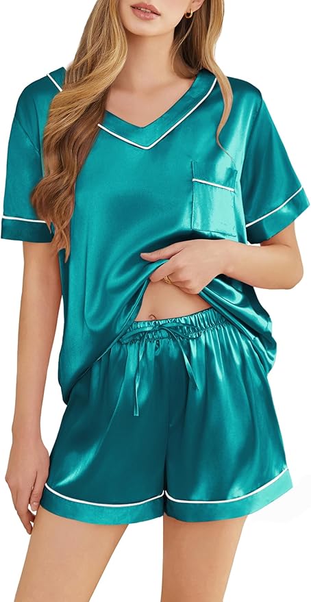 Silk Pajamas for Women Short Sleeve Satin 2 Piece Pj Set Soft V Neck Sleepwear Loungewear, S-XXL