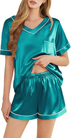 Silk Pajamas for Women Short Sleeve Satin 2 Piece Pj Set Soft V Neck Sleepwear Loungewear, S-XXL