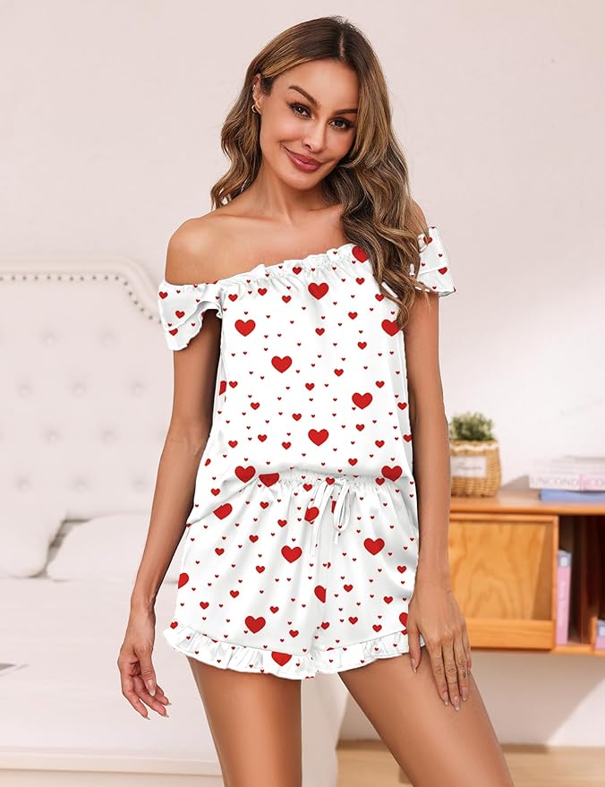 Satin Pajama Set for Women 2 Piece Silk Pjs Ruffle Sleeve Top and Shorts Cute Bridal Sleepwear Set S-XXL