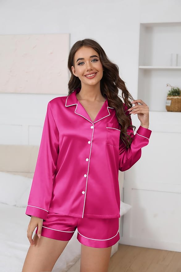 Ekouaer Satin Pajama Set for Women Button Down Pj Set Long Sleeve Top and Shorts 2 Piece Loungewear Summer Soft Sleepwear