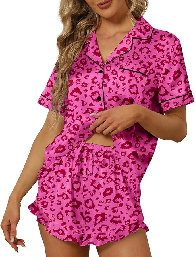 SAPJON Satin Silk Pajamas for Women 2Pcs Ruffle Notch Collar Sleepwear Button Down Short Sleeve Shorts Pjs Set Loungewear
