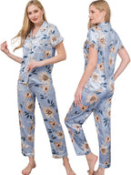 WJing Yi Jia Womens Pajamas Set XS-4XL Floral Silk Satin Pajama Sets Silky Pj Sets 2Pcs Loungewear Sleepwear Button Down Pjs