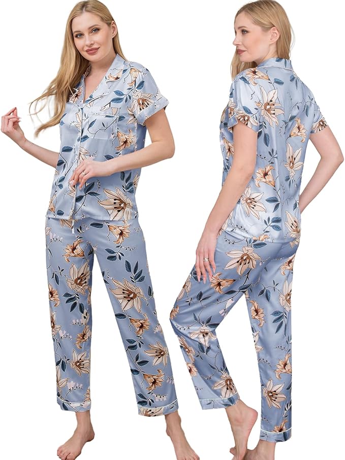 WJing Yi Jia Womens Pajamas Set XS-4XL Floral Silk Satin Pajama Sets Silky Pj Sets 2Pcs Loungewear Sleepwear Button Down Pjs