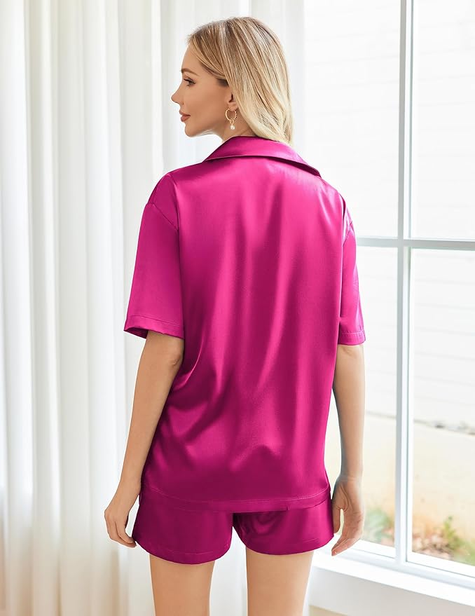 Ekouaer Pajamas for Women Silk Satin Pjs Soft Sleepwear Short Sleeve Button Down Pjs Top and Shorts 2 Piece Lounge Set S-XXL