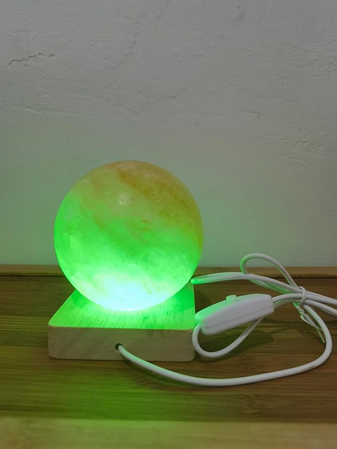 USB Colour Gradient Himalayan Salt lamp, Solid Wood Base Atmosphere Decoration Rotundity Salt lamp with Remote Control, Natural Crystal Stone Bedside Night Light, Handmade Crafts.