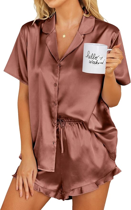 Ekouaer Womens Satin Pajamas Set Button Down 2 Piece Silk Pjs Shorts Set Ruffle Lingerie Notch Collar Sleepwear