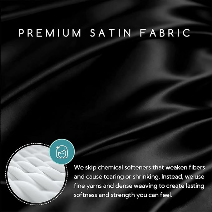 MR&HM Satin Sheets Full Size with Elastic Corner Straps, 4-Piece Silky Bedding Set, Deep Pocket 15 Inches, Good for Hair & Skin (Full, Black)