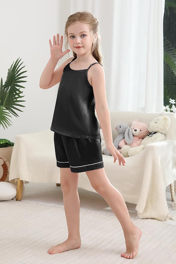 Weixinbuy Girls Pajamas Silk PJS Set Sleeveless Pajama Tank Elastic Waist Shorts Sleepwear Kids Summer Nightwear Clothes Set