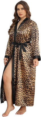 Womens Plus Size Silky Satin Kimono Robe Floral Long Bathrobe Wedding Sleepwear Dressing Gown