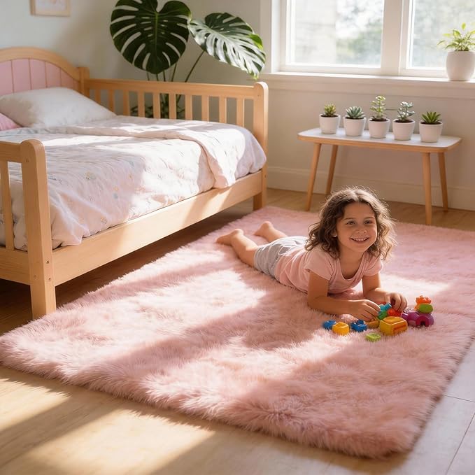 Ultra-Soft 3x5 Pink Shag Rug for Girls’ Bedroom – Small Fluffy Non-Slip Area Rugs for Living Room, Kids Room, Nursery, Playroom, Dorm, Home Office, Modern Plush Carpet Home Décor