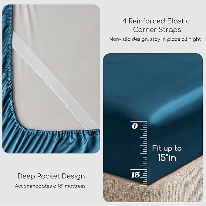 MR&HM Satin Bed Sheets, Twin Size Sheets Set, 3 Pcs Silky Bedding Set with 15 Inches Deep Pocket for Mattress (Twin, Teal)