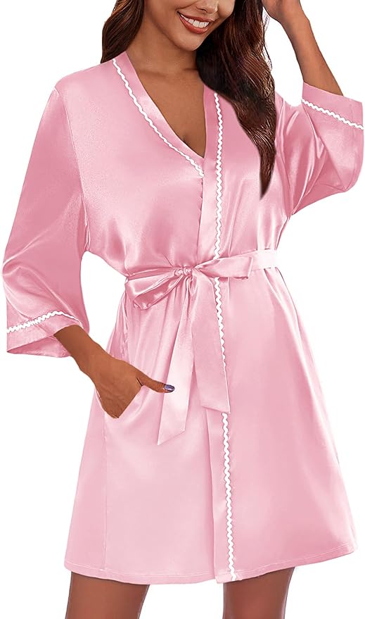 Ekouaer Women's Satin Robe Short Bridesmaid Bride Feather Bridal Robe Kimono Silky Long Sleeve Bathrobe S-XXL