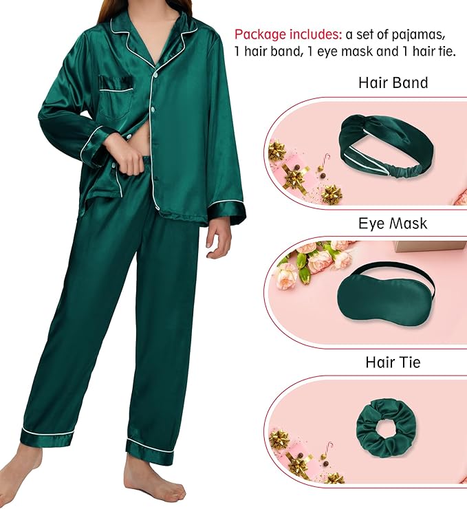 EPLAZA Kids Satin Pajamas Sets Girls Boys Button-Down Silky Pajamas Sleepwear with Hairband Eye Mask Hair Tie