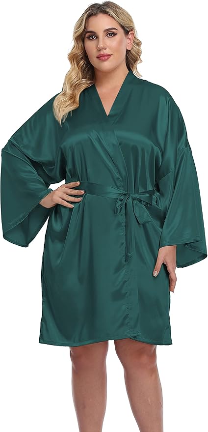 Women's Plus Size Short Silky Bathrobes Satin Kimono Robes Bride Bridesmaid Loungewear Soft Nightgown