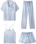 SAPJON Silk Pajamas for Women Set 4Pcs Ruffled Satin Pajamas Set Button Down Short Sleeve Cami Shorts Sleepwear Pj Set